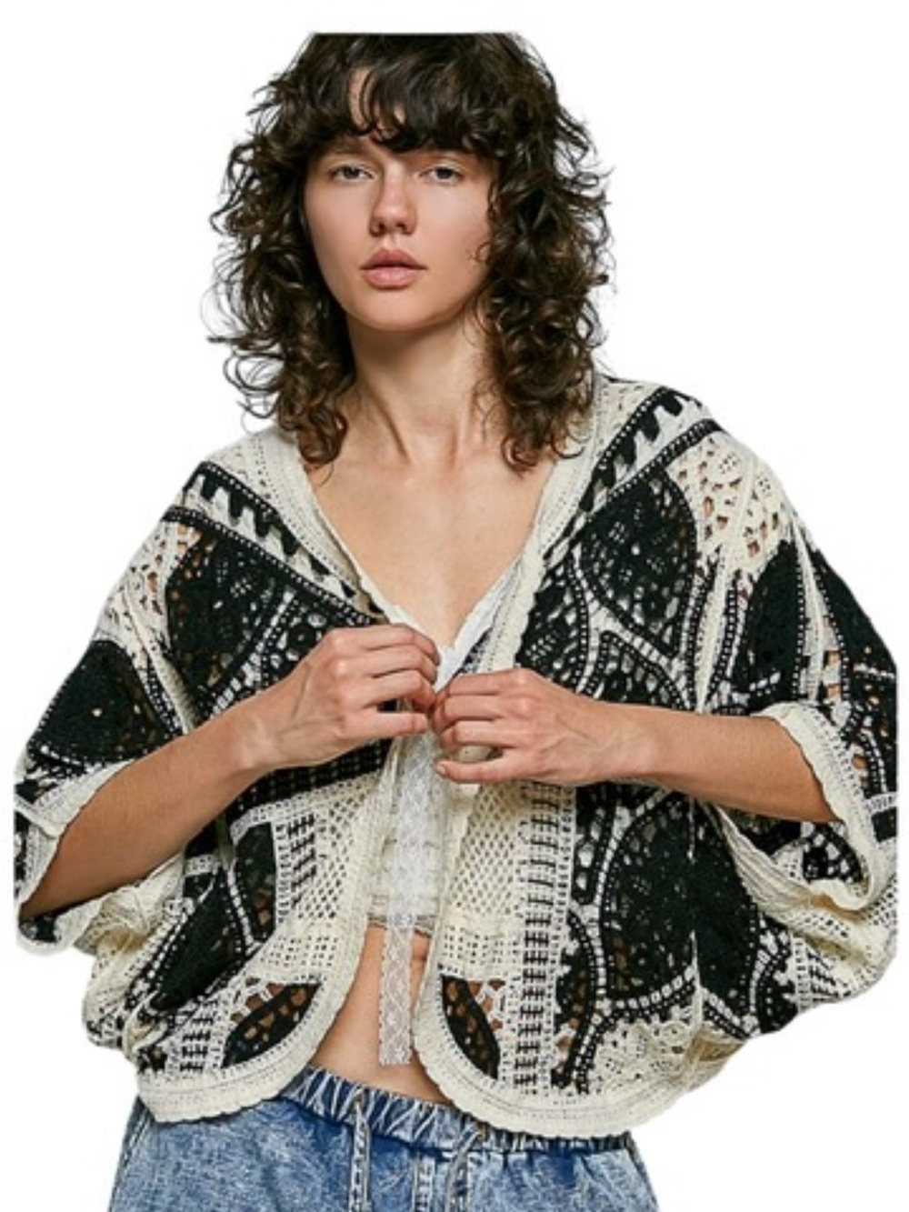 POL Black Ivory Crochet Open Knit 3/4 Sleeve Cardigan
